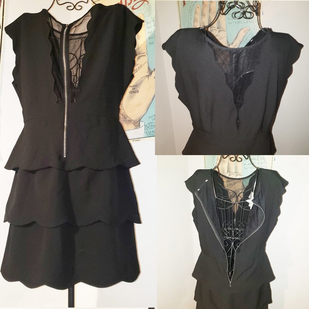 SOLD Vtg 80s 90s Black Goth Prairie Cocktail Illusion Scalloped  Party Dress M